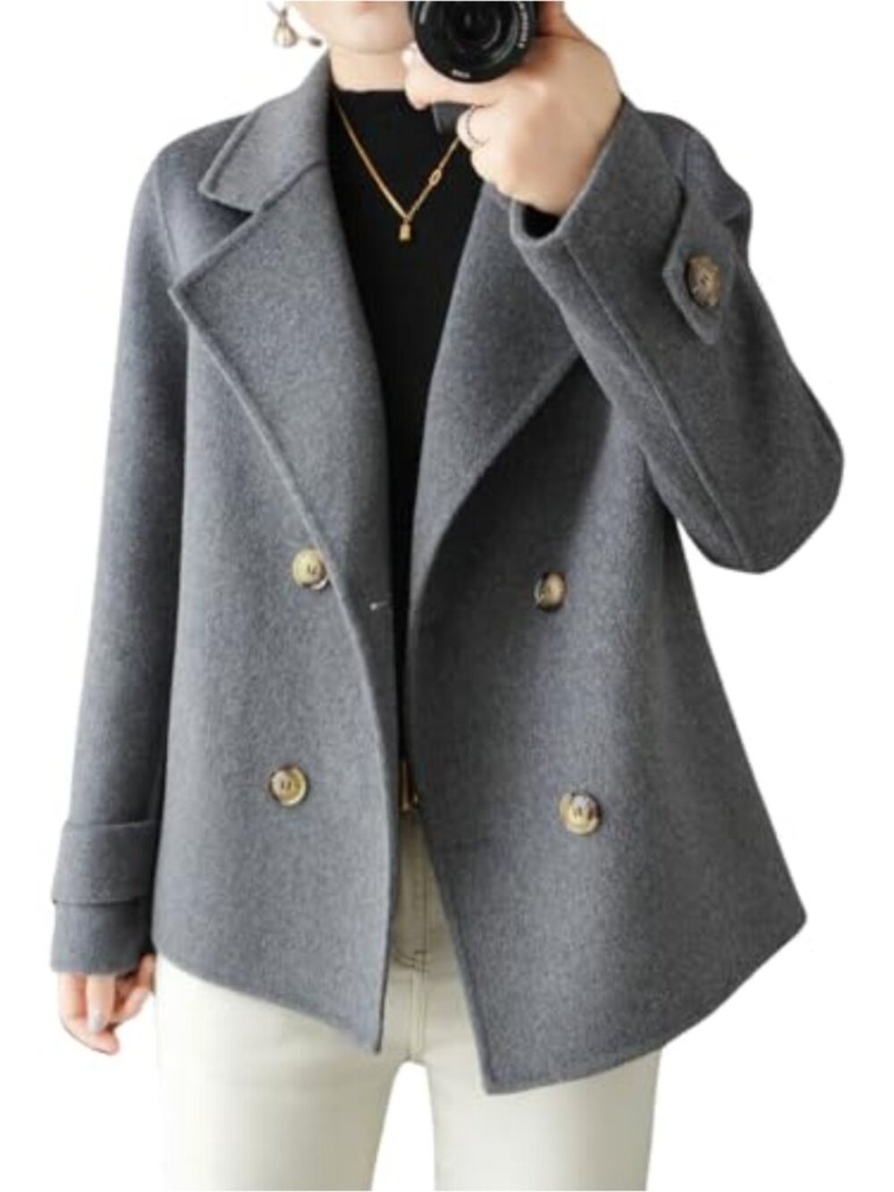 Wool Blend Pea Coat Double Breasted Business Casual Long Sleeve Notch Collar